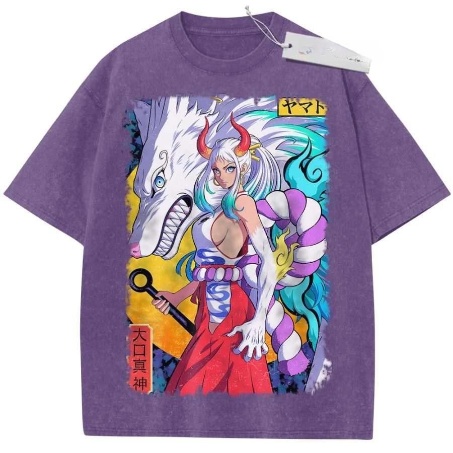 Vintage Washed Pink TShirt One Piece Anime Yamato White Wolf Print Oversize Streetwear Top Casual Daily Wear