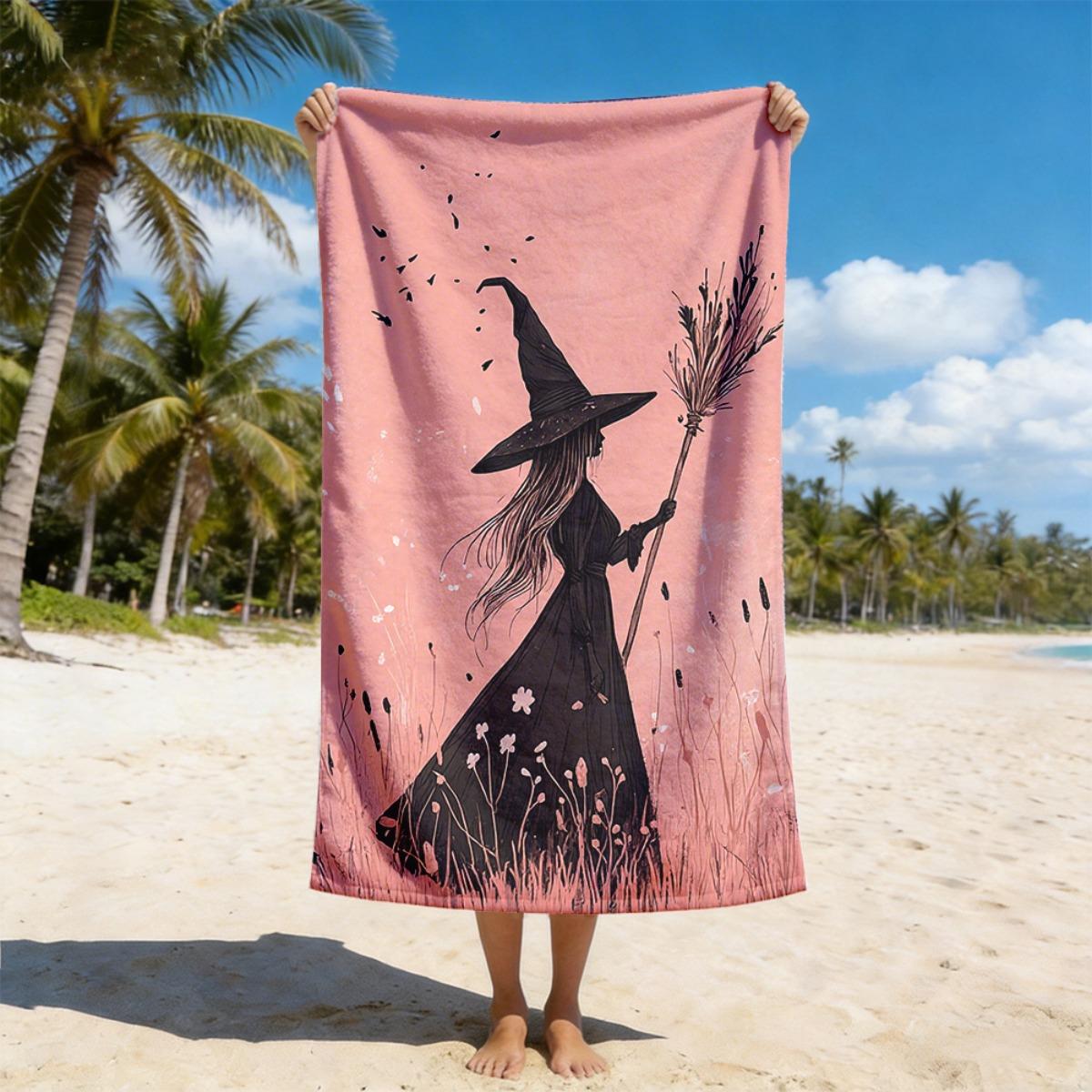 Textilien Pink/Black Witch Print Beach Towel 2D Flat Sand Proof Quick Dry Microfiber Atmosphere For Beach Pool Vacation Halloween Gift
