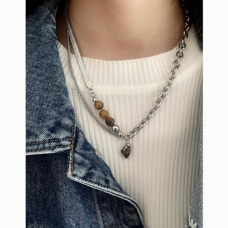 Modern Asymmetric Collar Chain With Tiger Eye Stones And Titanium Pendant For Unisex