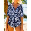 3 Piece Leaf Print Bikini Set Long Sleeve Sun Protection Cover Up Drawstring Waist Slimming Fashion Beach Vacation Bathing Suit