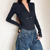 Sexy Blazer Collar Double-breasted Jumpsuit Slim Fit Black Outerwear Women