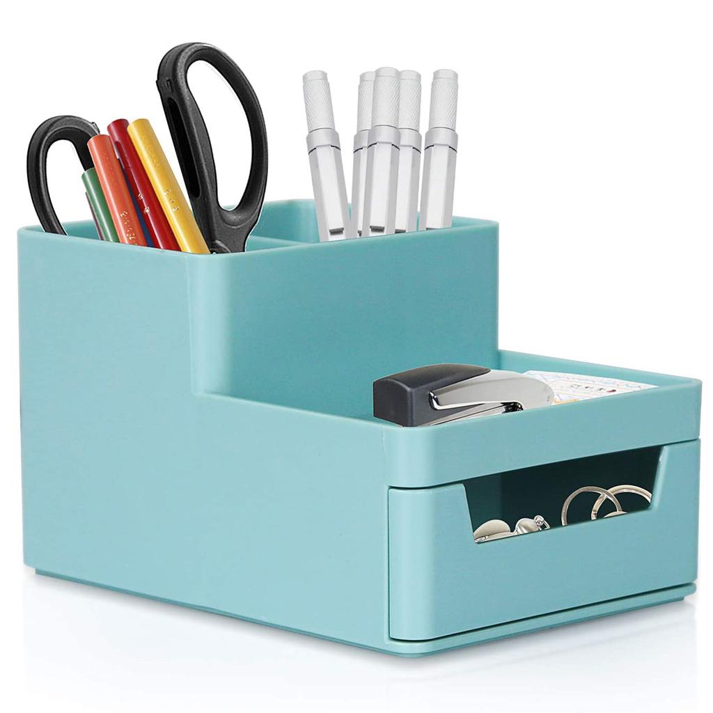 WuGeShop Desk Pencil Holder with Drawer, Plastic Desktop Stationery Organizer, Multifunctional Storage Caddy for Office, Home, School, Classroom