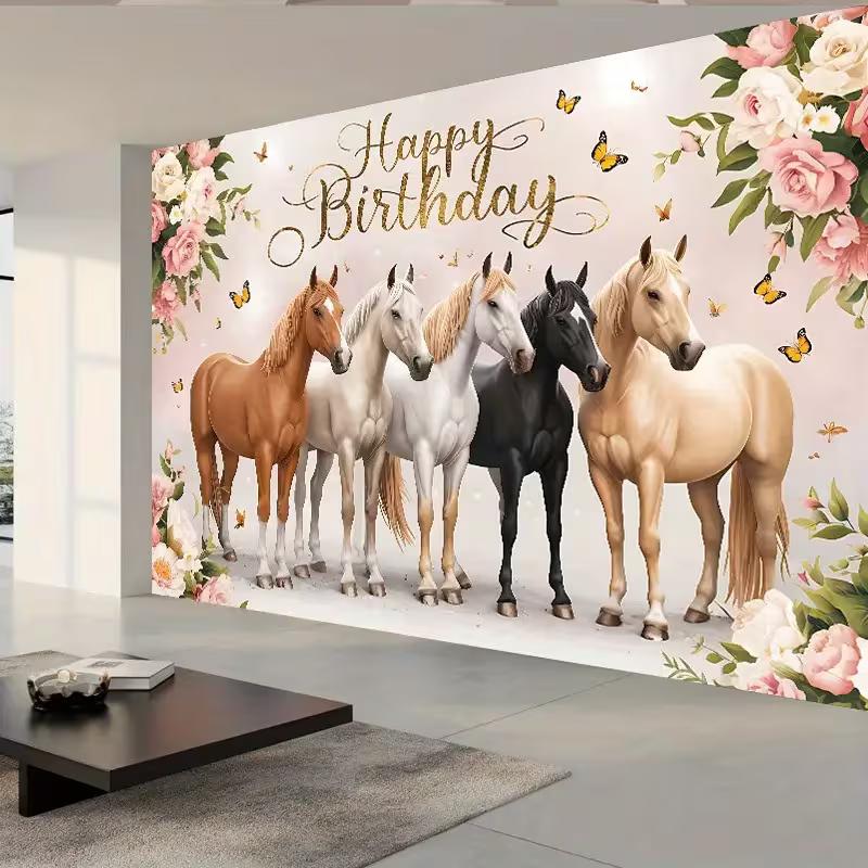 2D Rosa Blumiges Pferd Geburtstagsbanner, Reitsport-Thema Partydekoration Hintergrund