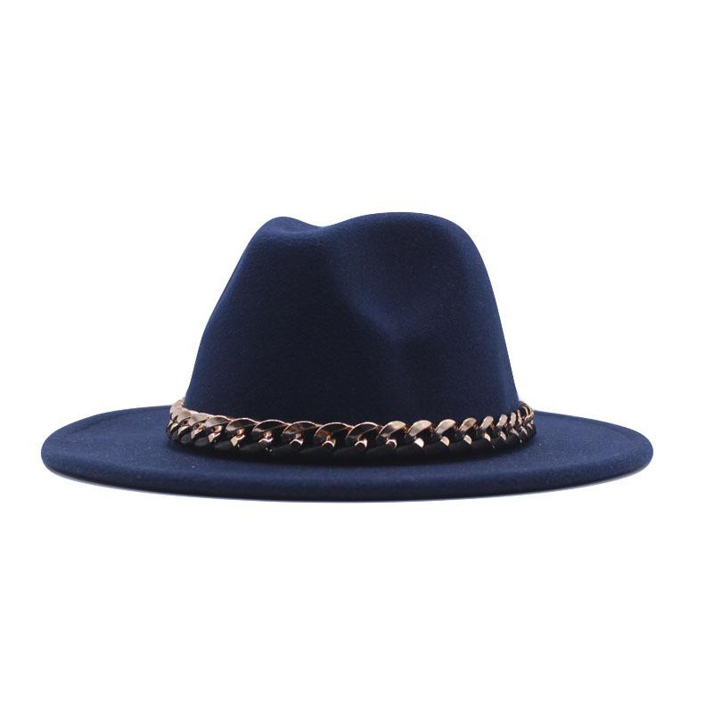European, American Autumn and Winter British Style Fashionable and Elegant Flat-brimmed Big Eaves Hat Top Hat Men and Women Chain Jazz Woolen Hat