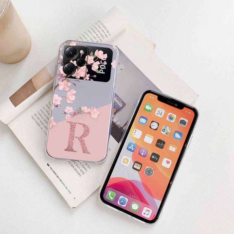Clear Initial Letter Phone Case For POCO X5 X 5 Pro 5G Shockproof Protector Flowers Cover For Xiaomi POCOX5 X5Pro Coque Soft TPU