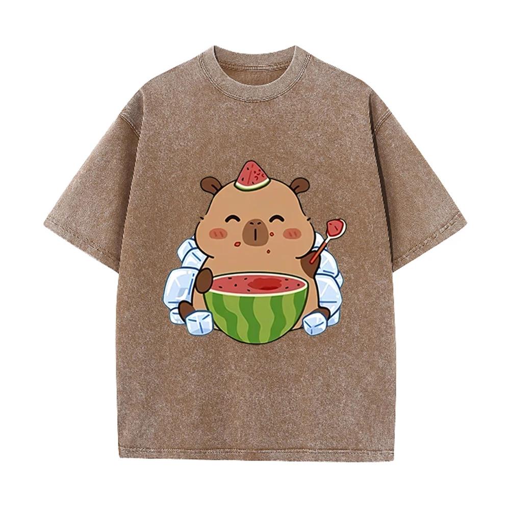 2026 Vintage Washed Beige Cute Capybara Watermelon Graphic T Shirt Summer Ice Animal Print Oversized Casual Short Sleeve Tee