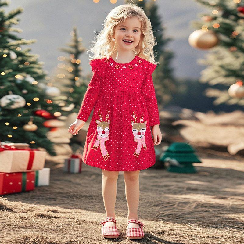 Red Christmas Deer Autumn Dress Girl Dress Long Sleeves 2025 New Spring and Autumn Children Toddler Knitting Princess Dress