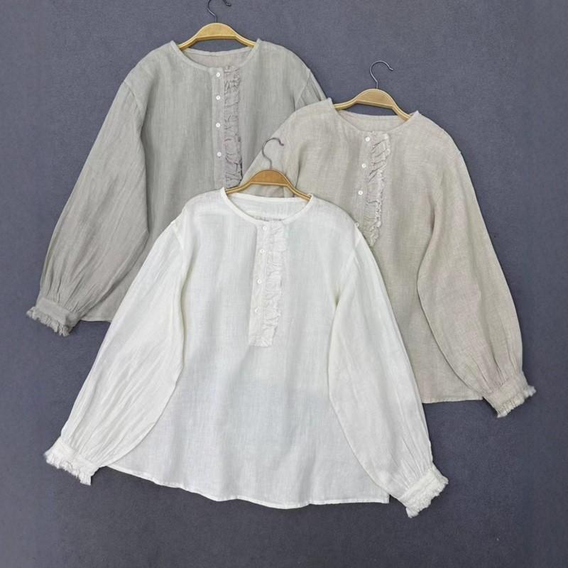 Johnature French Vintage Patchwork Ruffle Edge Round Neck Shirt For Women Casual Versatile Loose Vacation Blouses