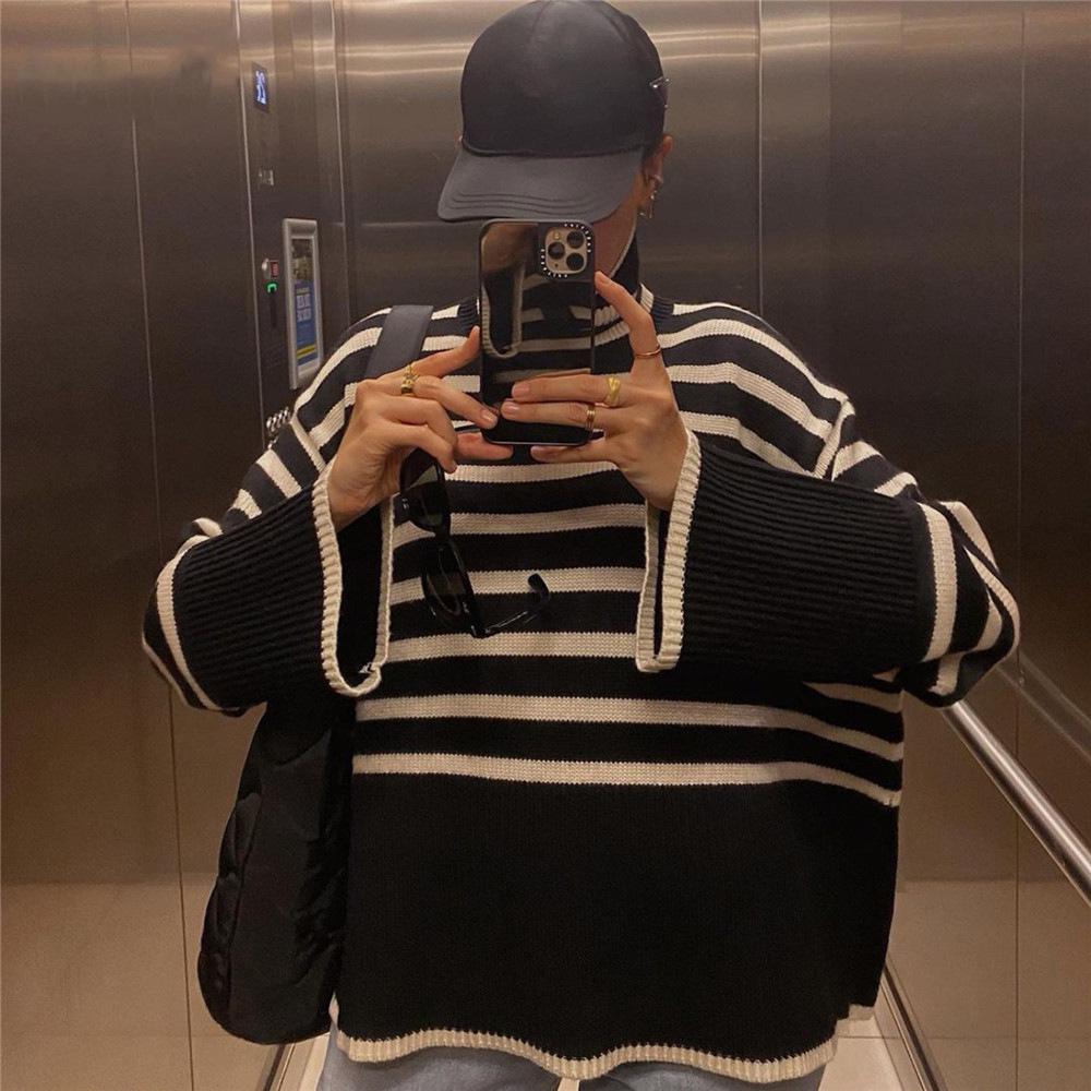 

Европейский и американский свободный полосатый свитер Medium черный белый