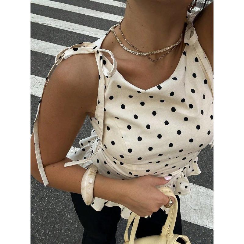 Top de Tirantes de Lunares para Mujer con Dobladillo Fruncido Sin Mangas Casual Ajustado Delgado Blusa