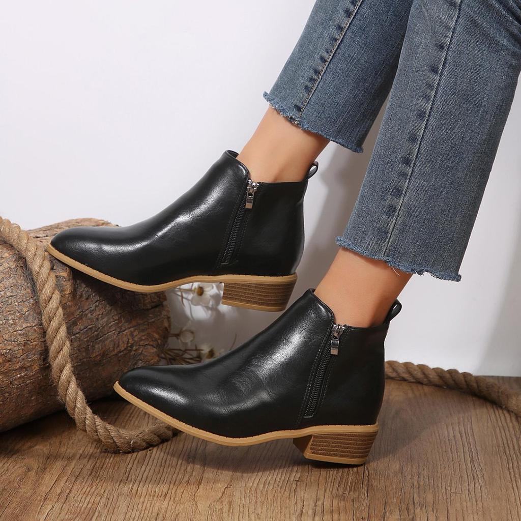 Large Size Casual Short Tube Square Thick Bottomed Snow Boots Autumn Winter PU Martin Boots Side Zipper Shoes 36-43