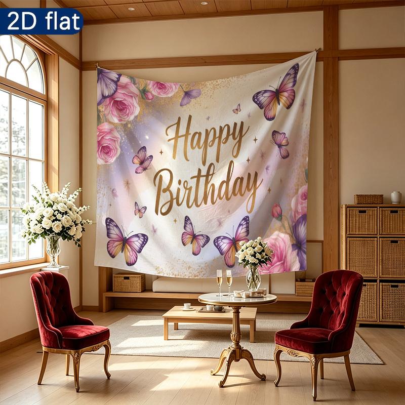 Birthday Floral Butterfly Party Backdrop, Polyester Banner for Wall Decor & Photo Props