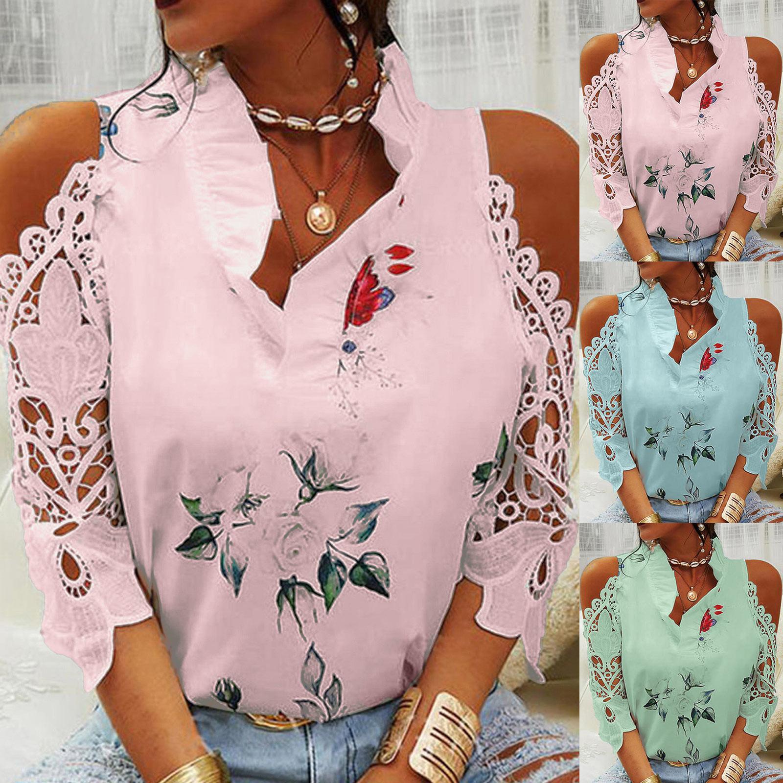 

Модная женская футболка с цветочным принтом с открытыми плечами и кружевной строчкой