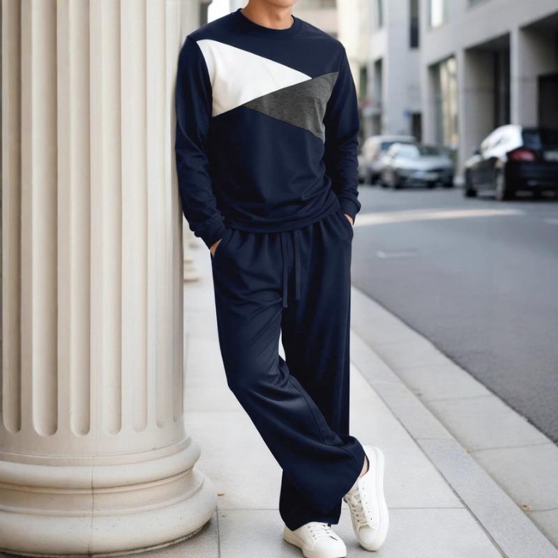 Mens Color Block Crew Neck Long Sleeve Casual Straight Pants Two Piece Outfit Set