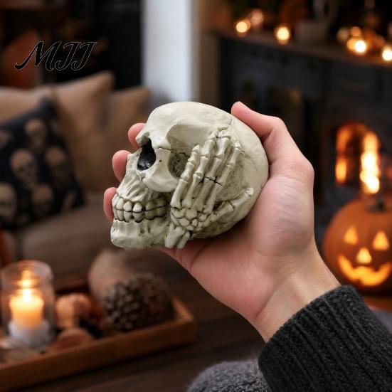 Halloween Skull Decor Figurine, Hear See Speak No Evil Skeleton Head Funny Sculpture Statue, Gothic Resin Home for Desk, Bookshelf, Mantel,