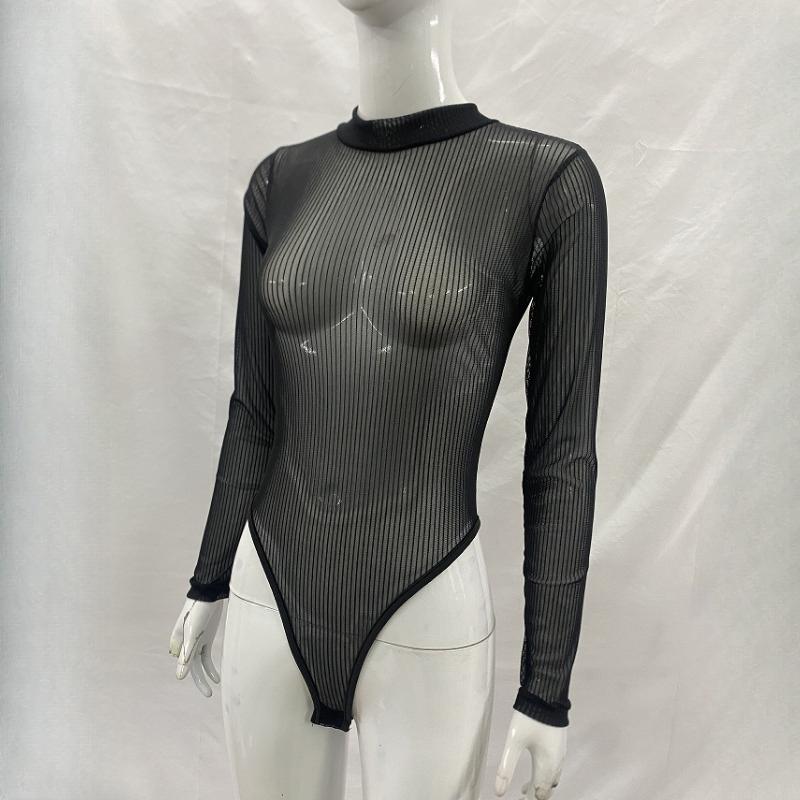 Summer Retro Sexy See Through Striped Mesh Slim Fitting Jumpsuit for Women