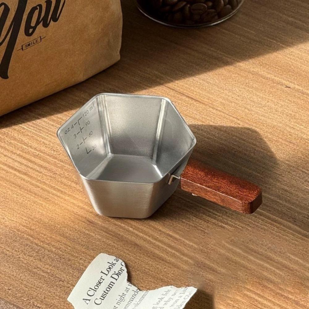 Hexagonal Coffee Espresso Cup Stainless Steel with Scale Coffee Measuring Cup Durable Wooden Handle Coffee Extract Cup