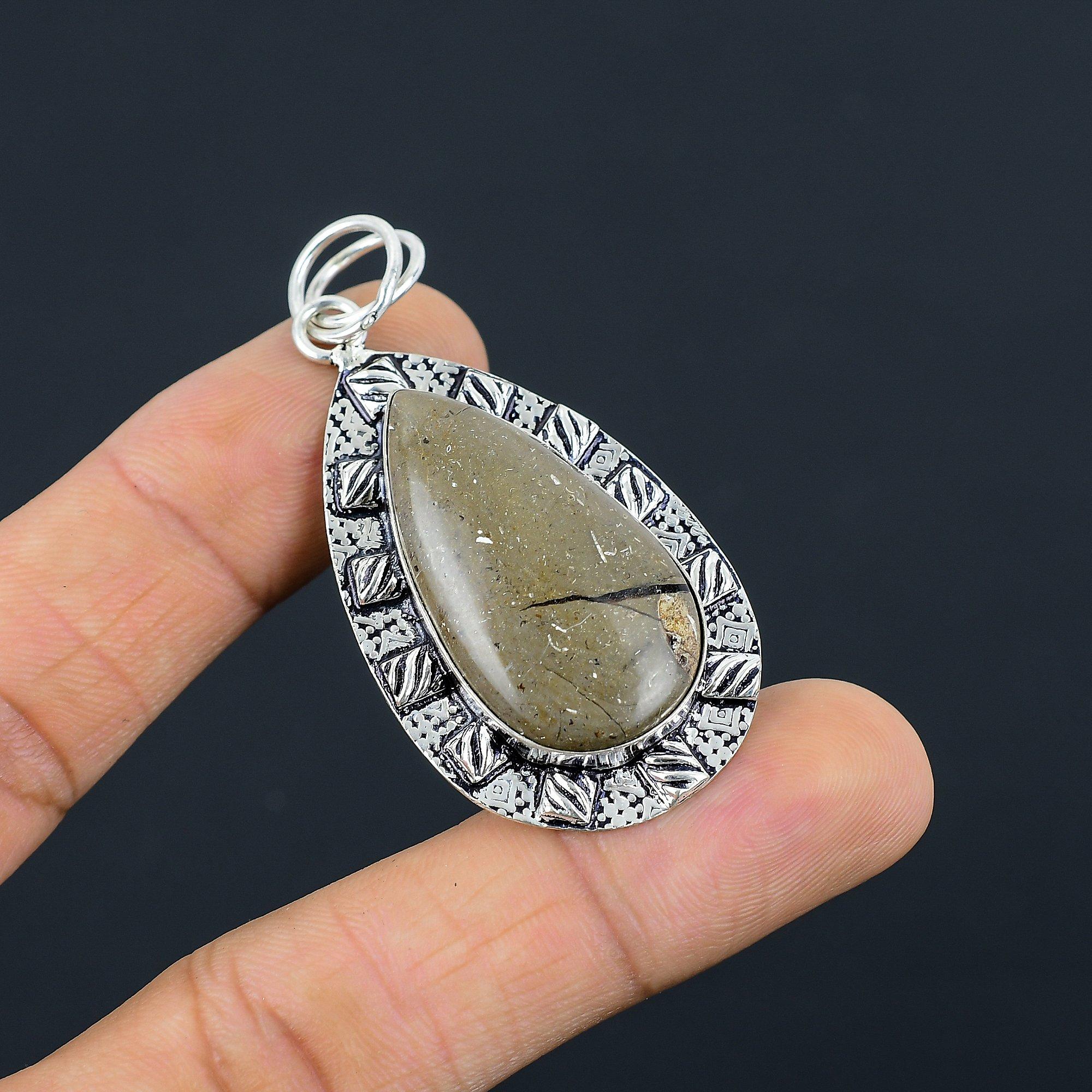 

Sisters Day Sale Pear Septarian Gemstone Mother Bezel Wedding Pendant 925 Silver