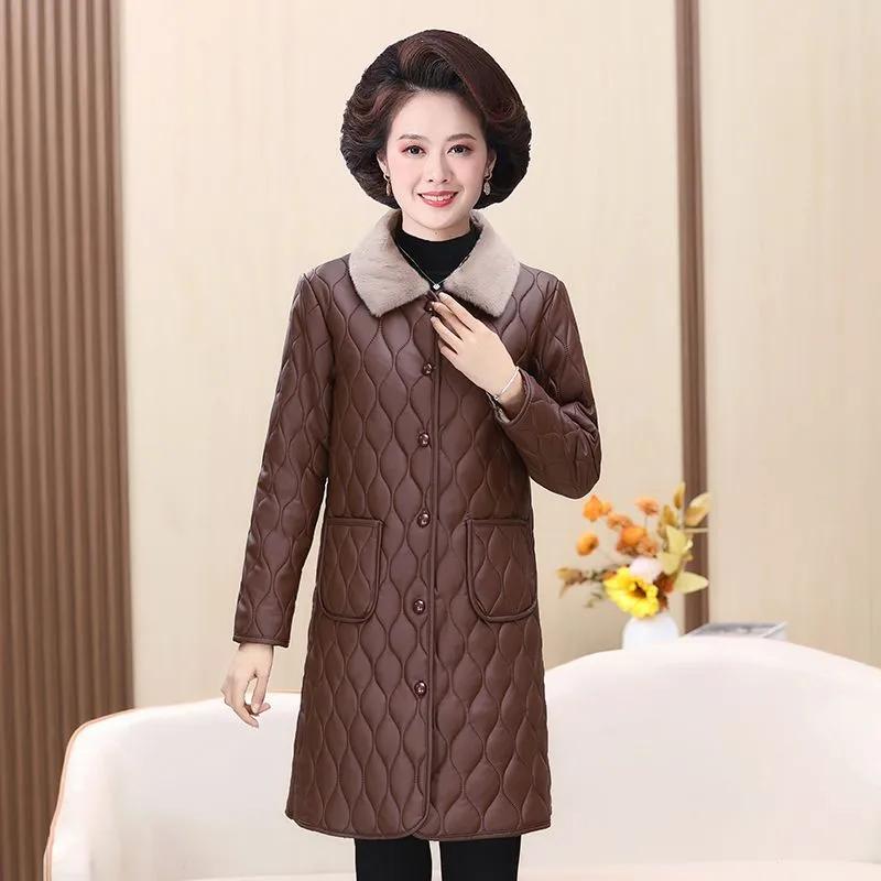 Women's Autumn/Winter Padded Velvet Mid Long Jacket Middle-Aged Female Solid Elegant Plus Size Outerwear
