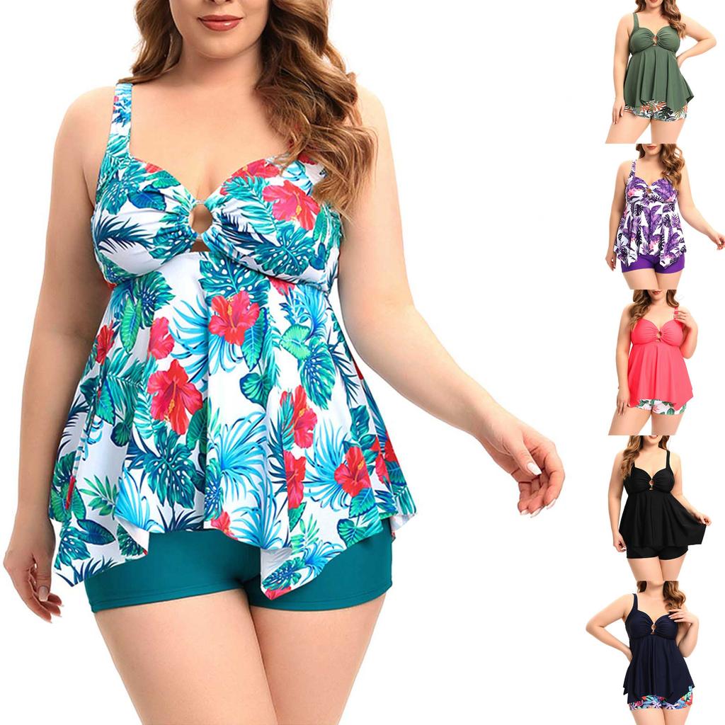 Plus Size Two Piece Swimsuit Women Tankini Swimwear with Removable Padding Wireless Bra and Boyshorts Bottoms for Beach Pool