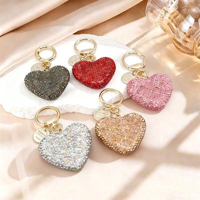Bling Bling Pink Heart Crystal Rhinestone Soft Clay Keychain for Women, Cute Fashion Bag Charm & Key Ring Pendant for Purse Keys