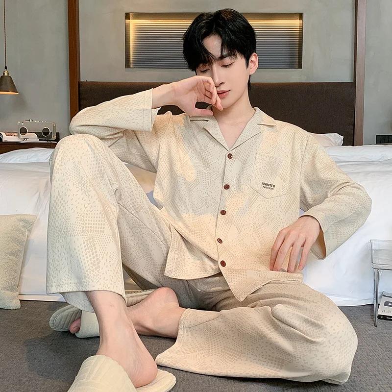 Autumn Cardigan Man Pajamas Cotton Fashion Sleepwear for Men Leisure Casual Nightwear Pijamas Set pyjama homme Dropship
