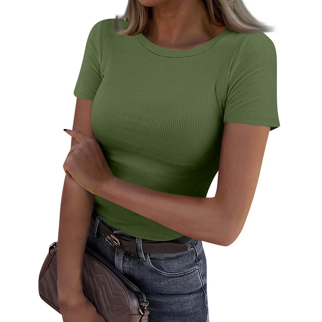 Ladies Slim Bottom T-shirt Fashion Casual Solid Colour Round Neck Pullover Short Sleeve Top