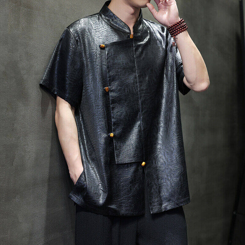 2025 Men Chinese Style Shirts Men Cross Collar Design Solid Simple Shirts Casual Streetwear Male Short Sleeved Blouse