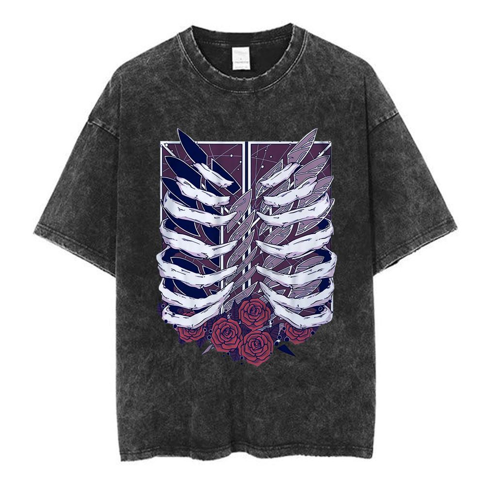 Anime Attack on Titan Washed T Shirt Men Cotton Casual Short Sleeve T-shirt Manga Levi Ackerman Oversized T-shirts Streetwear