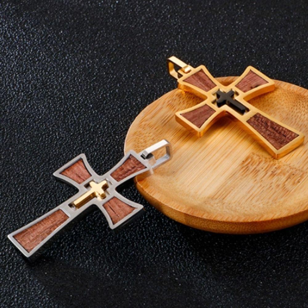 Wood Inlay Crucifix Pendant Titanium Steel Catholic Necklaces Pendant  Spiritual Meditation