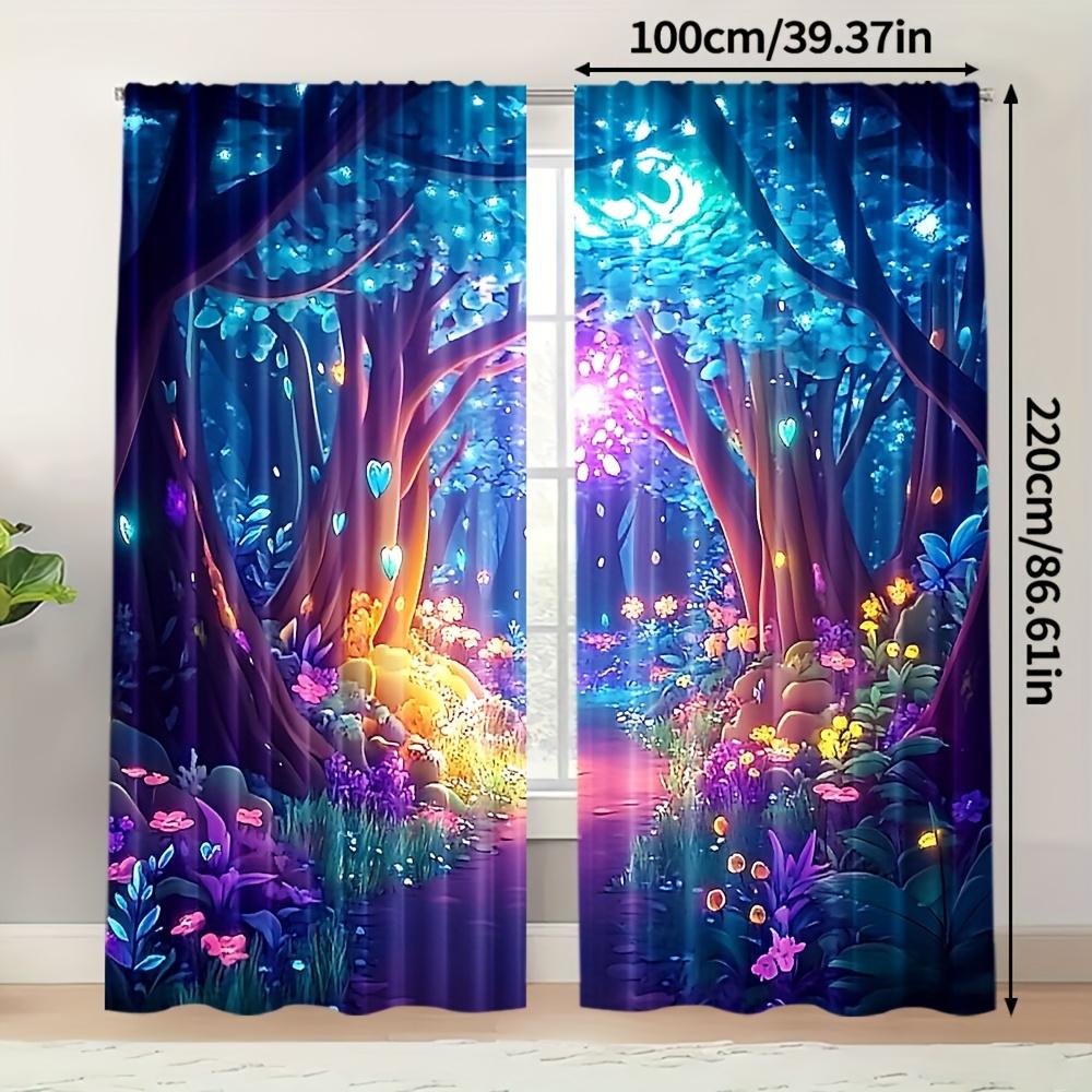 2Pcs Magic Forest Curta Glowing Tree Print Polyester Window Drapes For Kids Room Bedroom Fantasy Home Decor