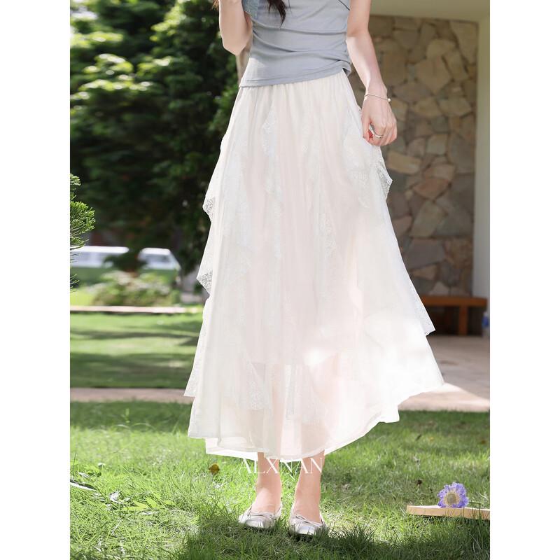 Women s White Lace Asymmetrical Ruffle Midi Skirt S