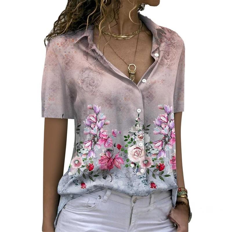 Floral Print Short Sleeve Shirt With Button Front For Casual Women