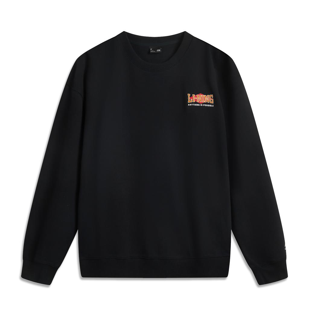 Li Ning Comfortable Casual American Vintage Simple Solid Color Round Neck Sweatshirt Unisex sweatshirt Black AWDV373-6