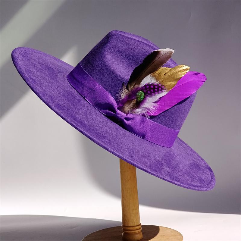 Chapeau Haut de Forme Jaune Plume Rubans Daim Chapeau Fedora à Large Bord Hommes Femmes Automne Plumes Rubans Hiver Feutre Chapeaux Jazz Fedoras Donc 55 -58cm purple