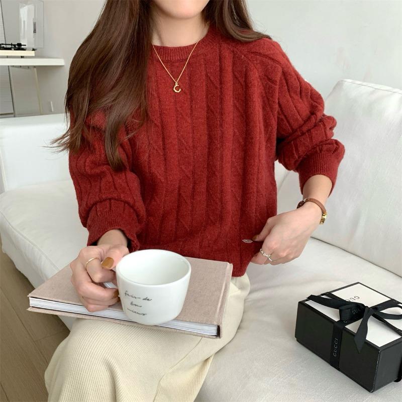 

Универсальный мягкий восковой свитер женский короткий топ осень и зима новый внутренний с длинным рукавом круглый вырез ленивая вязаная базовая рубашка L красный