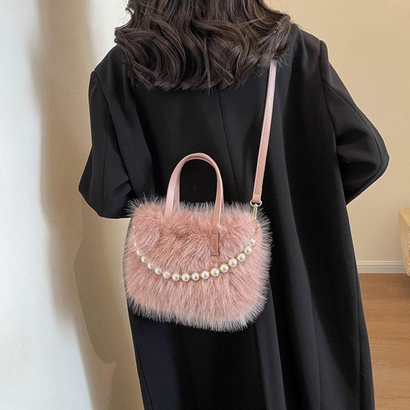 Winter Fashi Faux Fur Crossbody Bags For Women's Gift, Pearl Chain Decor Shoulder Bag, Ladies Handbags Top-handel Bag