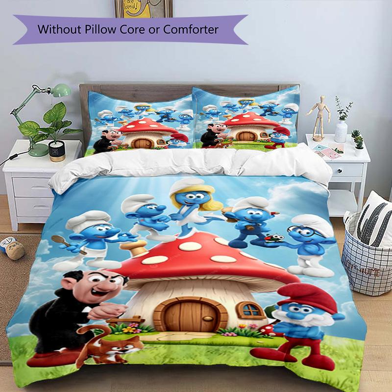 3pcs Duvet Cover Set (1*Duvet Cover + 2*Pillowcase, Without Core), Blue Smurfs Print Bedding Set, Bedroom Decor, All‑Season, Birthday Gift
