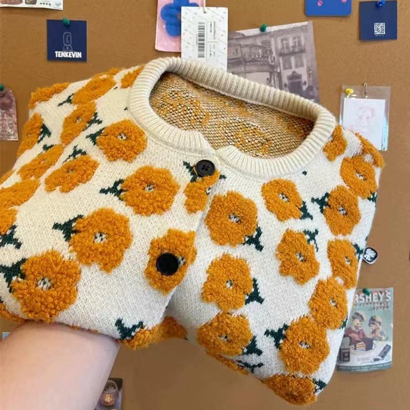 DIMANAF 2025 Big Size Flower Sweaters Cardigan Autumn Women Print O-Neck Sweaters Knitting Loose Sweater