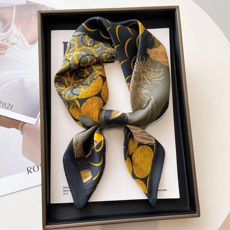 High-End Women's Lightweight Silk Square Scarf - Temperament Print Neckerchief for Neck Protection and Decoration.