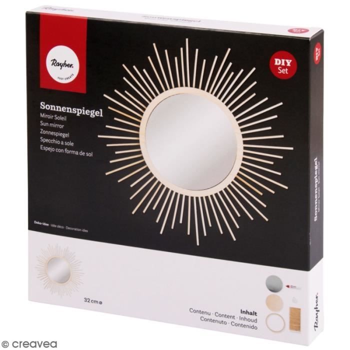 Miroir - Soleil - 32 cm - Rond - Beige - À suspendre - DIY en bois