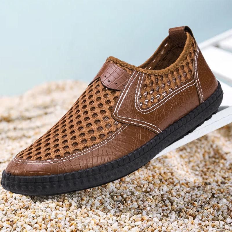 Fashion Summer PU Leather Mens Sandals Breathable Hollow Out Classic Mens Flat Sandals Solid Rubber Leather Male Casual Sandals