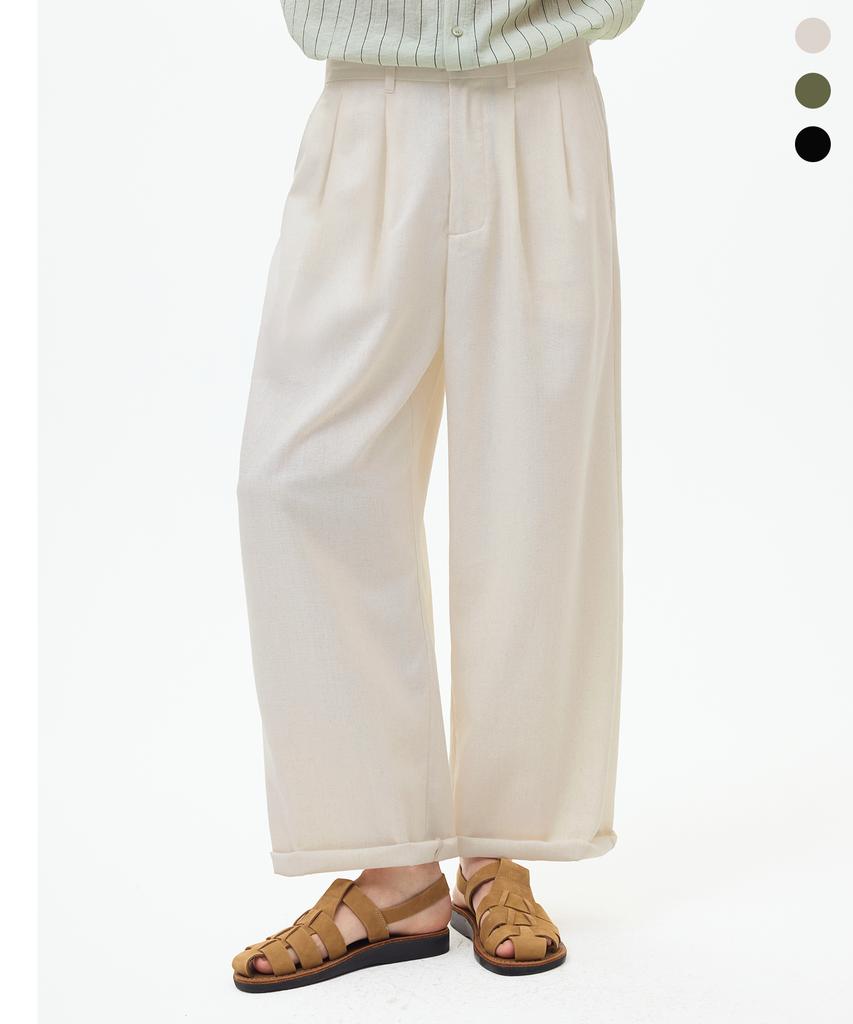 TRILLION Double-Pleat Tapered Linen Wide Elastic Waist Pants_3Color