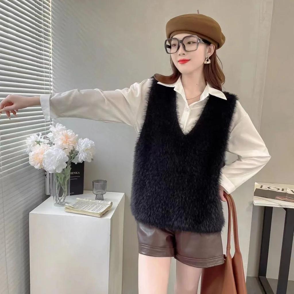 Autumn Winter Faux Mink Knit Vest Sweater Women Sleeveless Loose Short Outerwear Korean Style Fashionable