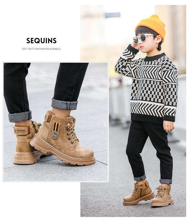 Children's Black Martin Boots - Boys' 2025 Autumn & Winter Non-slip Velvet Hiking Boots