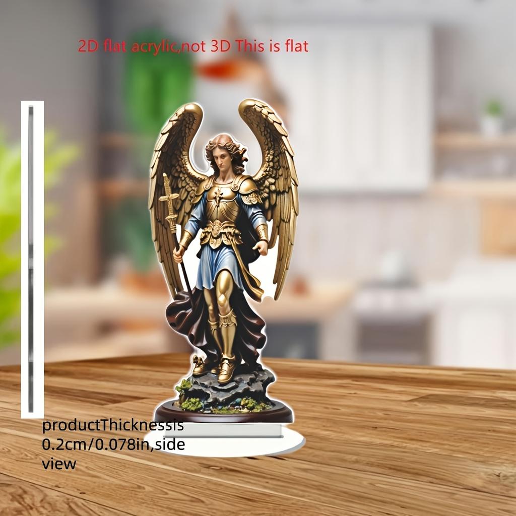 Statuetă Acrilică Retro 2D Arhanghelul Mihail - Înger Păzitor Aripat Auriu Ținând Sabie Decor Religios pentru Casă Birou Crăciun