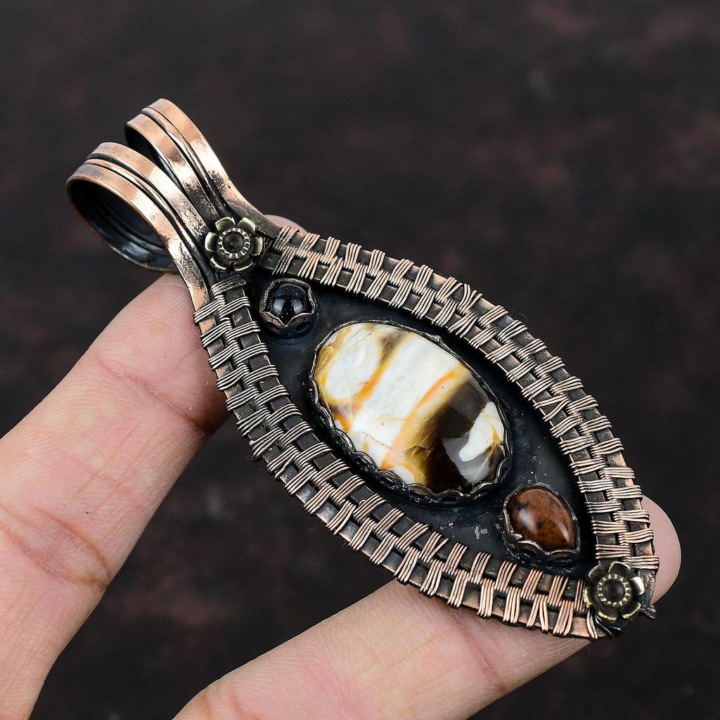 Peanut Wood Jasper Pendant Copper Wire Wrapped Gemstone Pendant Mahogany Obsidian And Blue Sunstone Pendant Handmade Copper Jewelry For Gift