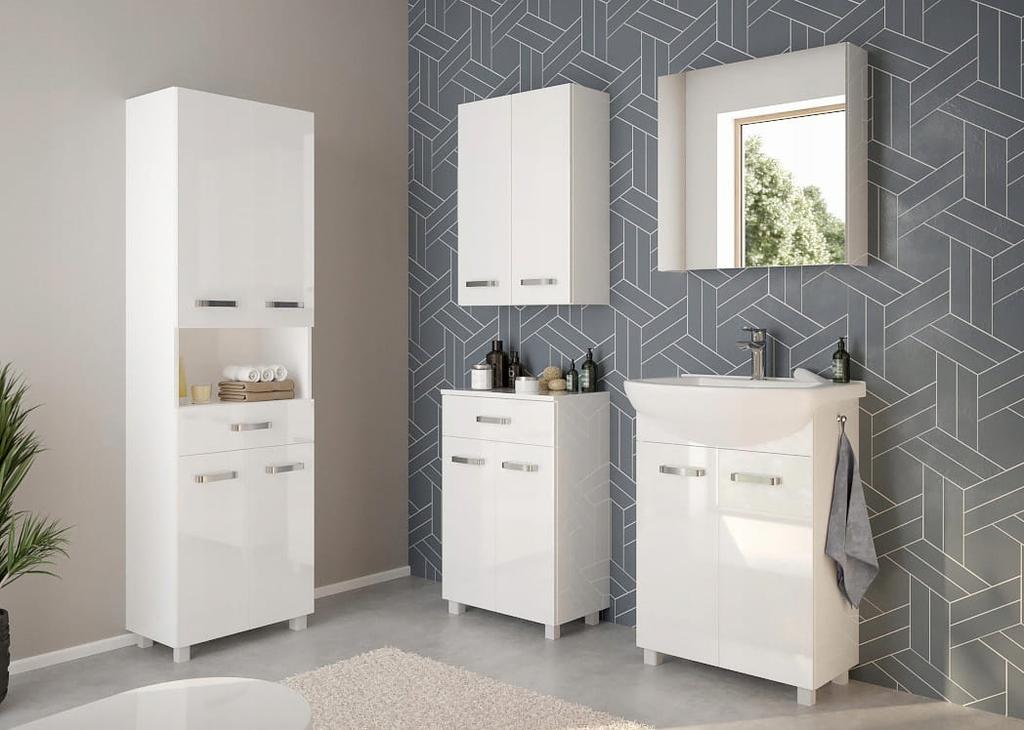 Bathroom cabinet with a washbasin on legs 85x60, standing white Mila with an elongated chrome tap