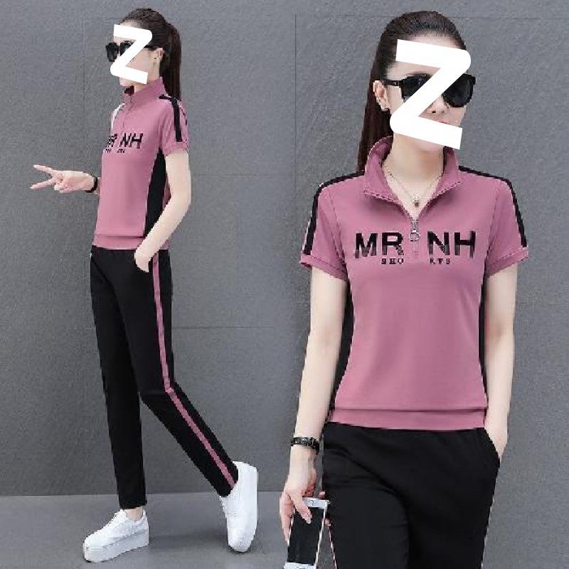 Plus Size Suit Women's Summer Fashion Stand-up Collar Sweatshirt Running Short-sleeved Sportswear Casual Two-piece Set