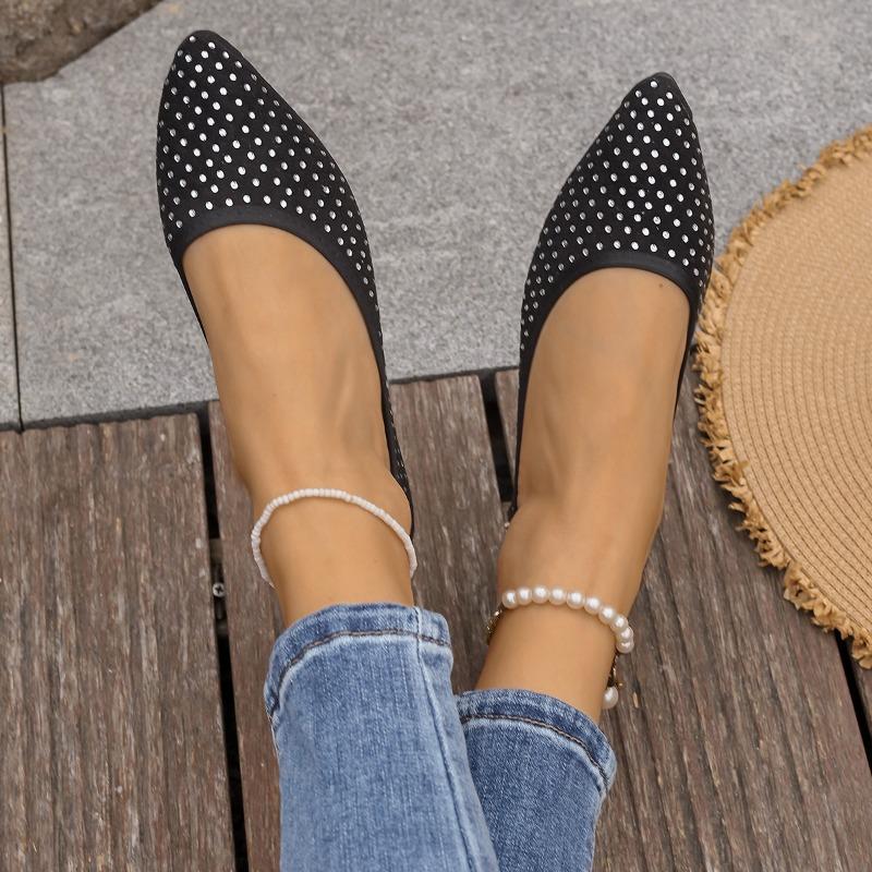 Fashion Low Heel Single Shoes New Fashion Pointed Toe Shallow Slip Rhinestone Soft Sole Anti-slip Wear-resistant Low Top Shoes